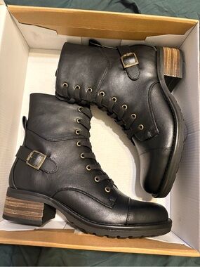 Women's Black Lace-Up Ankle Boots with Buckle Accent